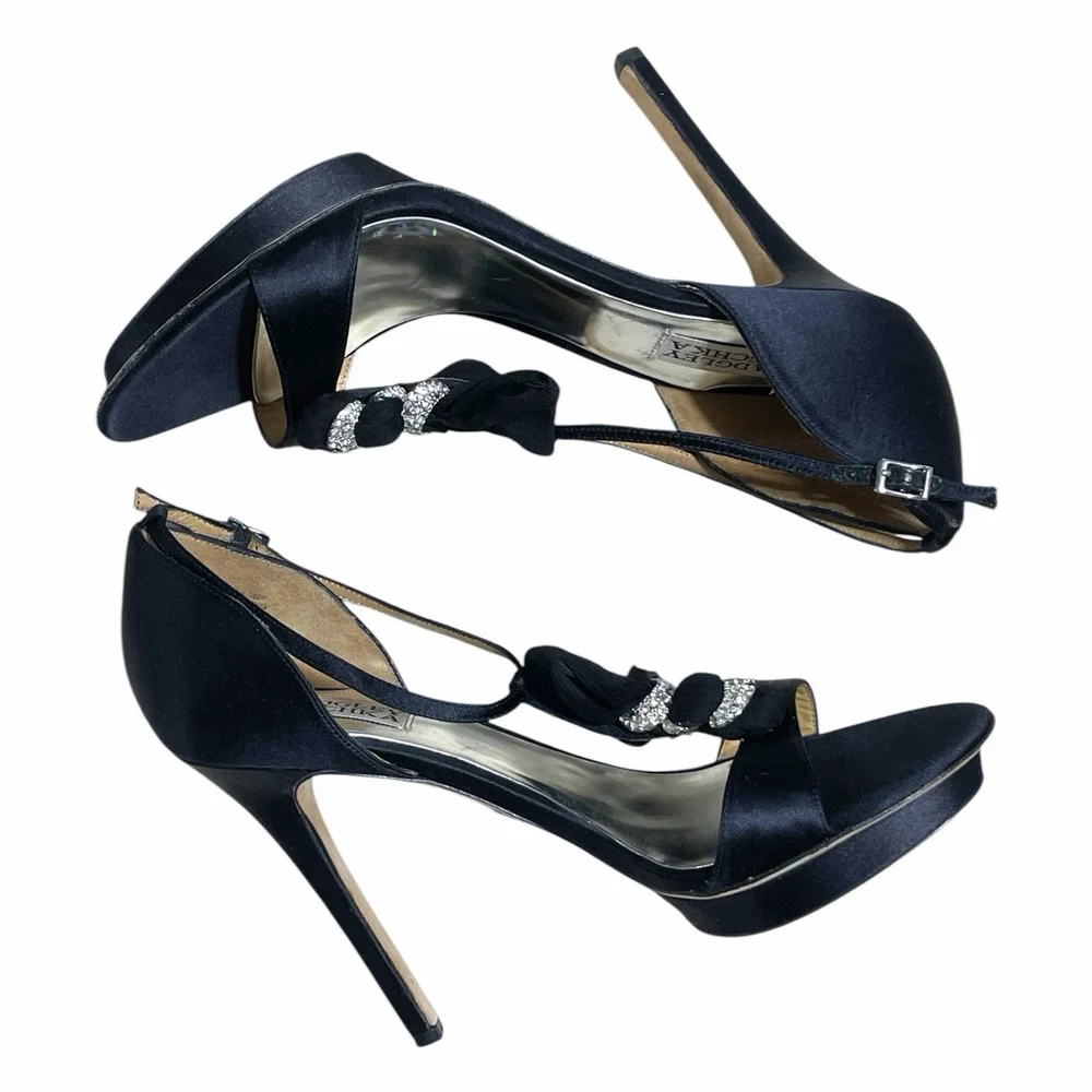 Badgley Mischka Women 10 Heels Open Toe Satin Rhinestone Stiletto Platform Black - Picture 8 of 16